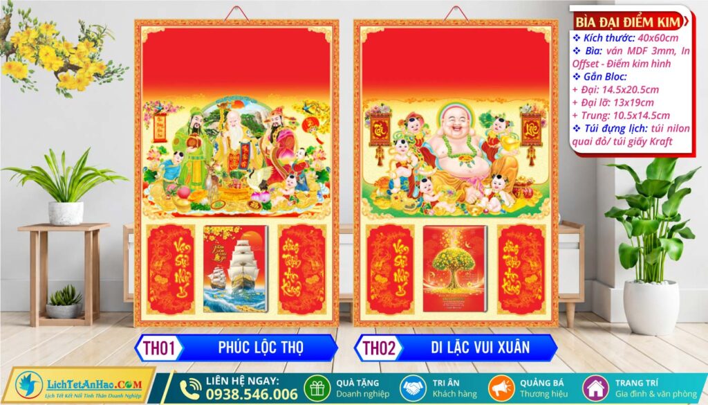 Bìa Đại (40x60cm) Điểm Kim | MS: TH01 - Phúc Lộc Thọ + MS: TH02 - Di Lặc Vui Xuân