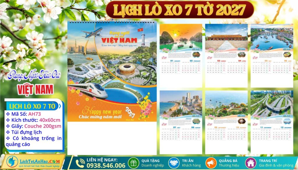 Lịch Lò Xo 7 Tờ - AH73 - Rạng Ngời Hai Chữ Việt Nam
